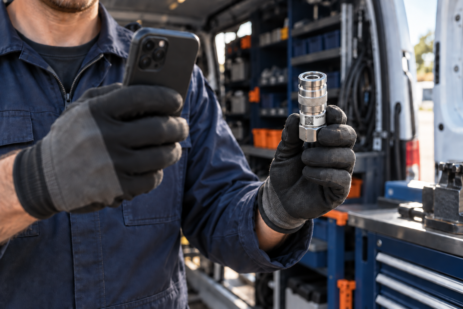 Tekniker scanner TEKSTED QR-labelen på en hydraulikkobling i servicebilen